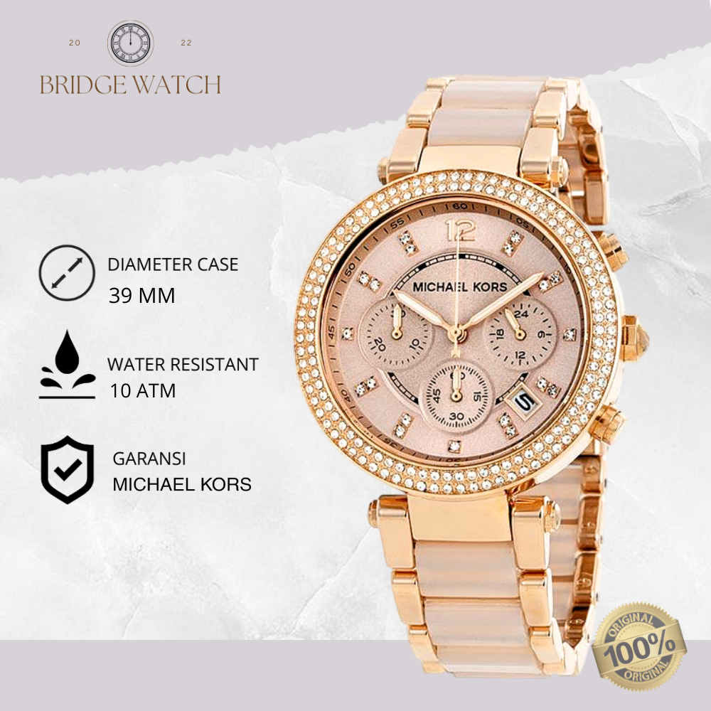 Jam Tangan Wanita Michael Kors MK5896 Parker Rose Gold Chronograph Ceramic Pink Dial Stainless Steel