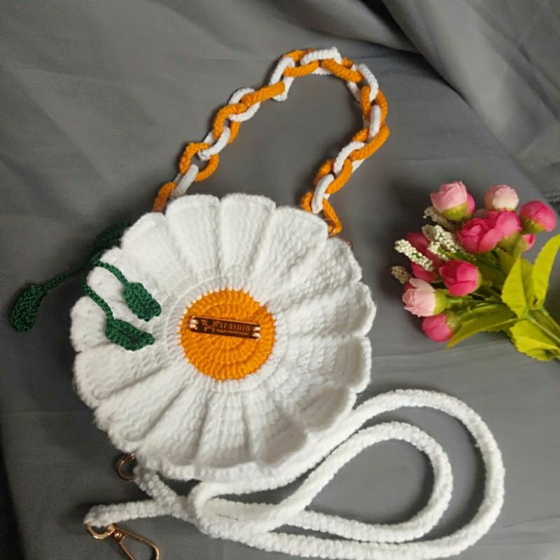 Tas Rajut Bulat Bunga Daisy Diameter 19 Cm