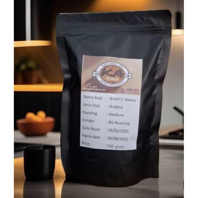 

Biji Kopi Roasting/aneka giling bubuk Arabica Brazil Santoz Honey 250 gram berijin dan halal