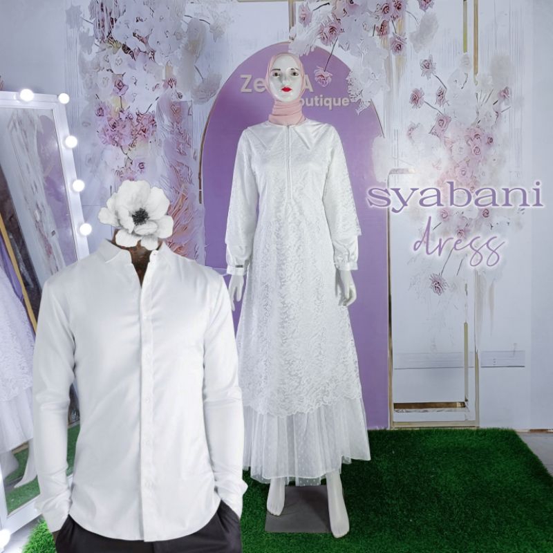 SYABANI DRESS Putih tulang gamis lebaran lengan balon berkancing baju kondangan couple remaja tersed