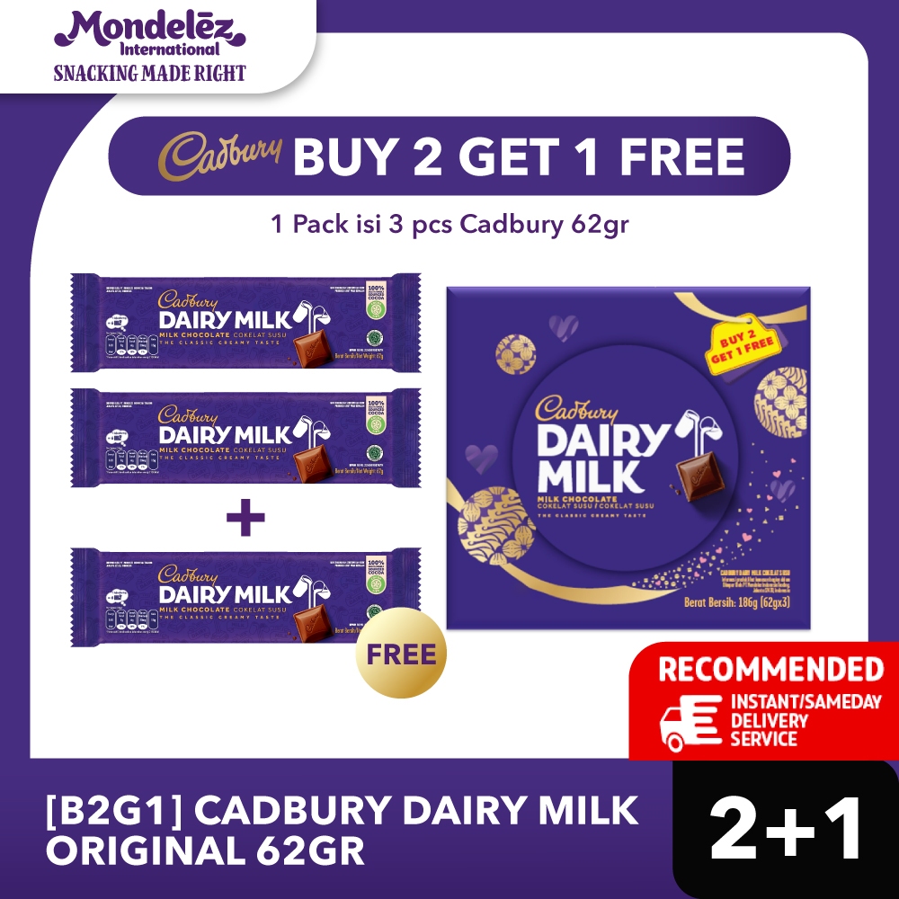 

[Buy 2 Get 1] Cadbury Dairy Milk Original 62gr - Cokelat Susu Camilan Creamy, Lezat, dan Berkualitas