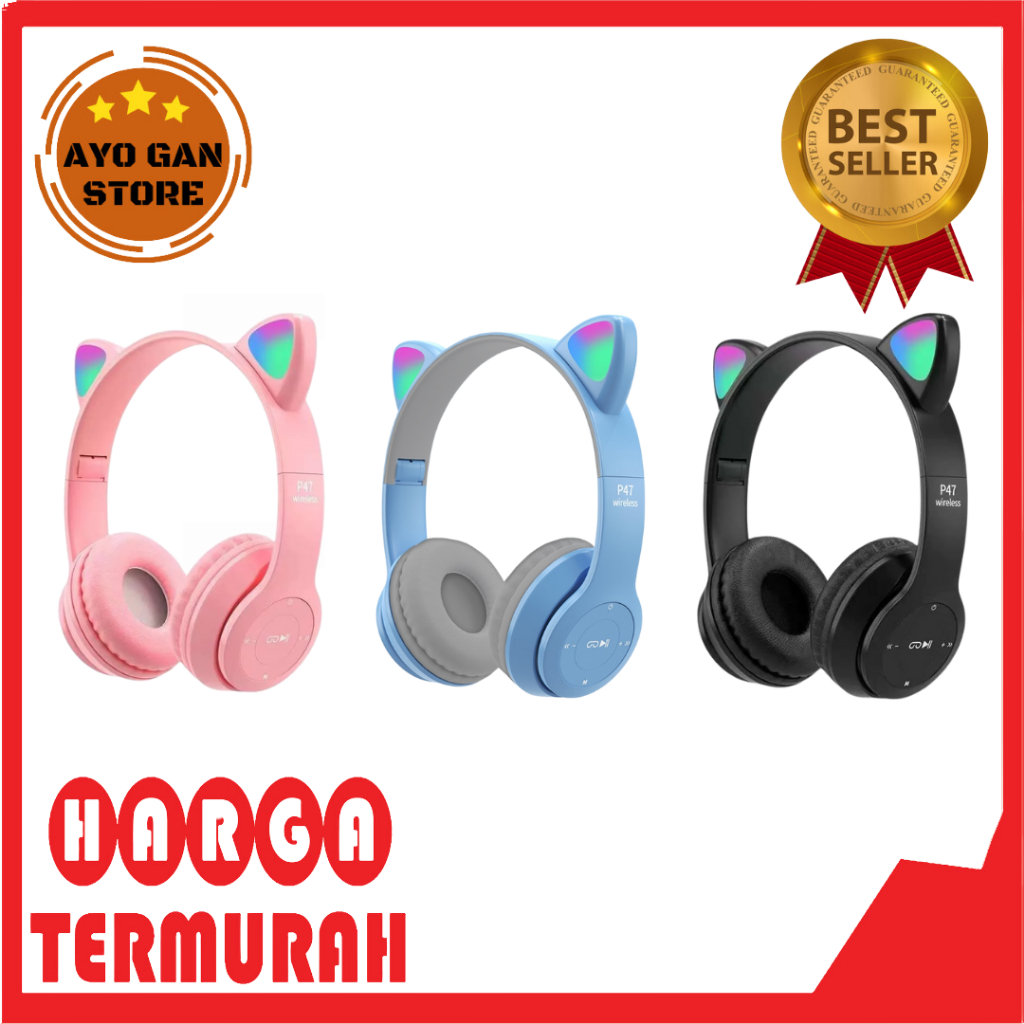 Headphone Headset Bluetooth P47M RGB LED Cute Cat Ear Wireless