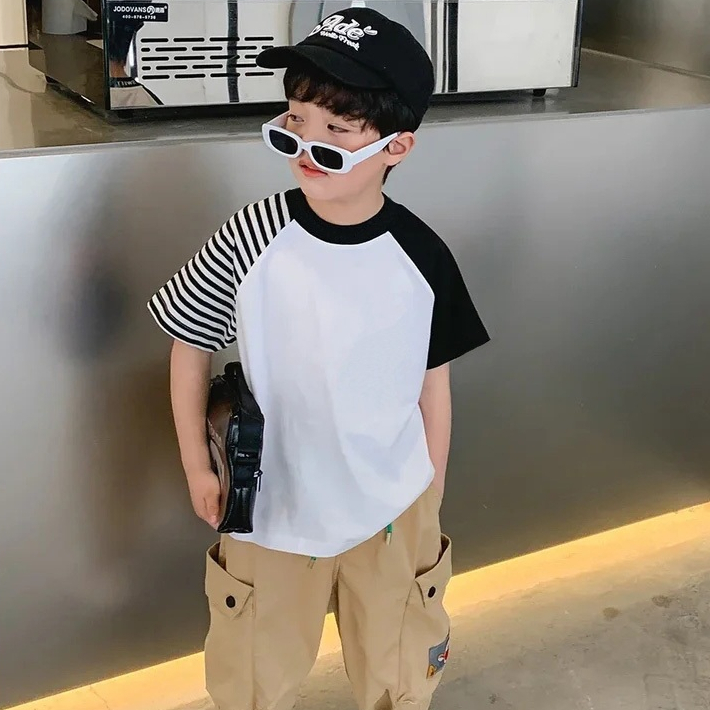 PICANOS KIDS - Kaos Raglan Anak Laki Laki / Kaos Reglan Oversize Polos Salur / Kaos Anak Oversize PS