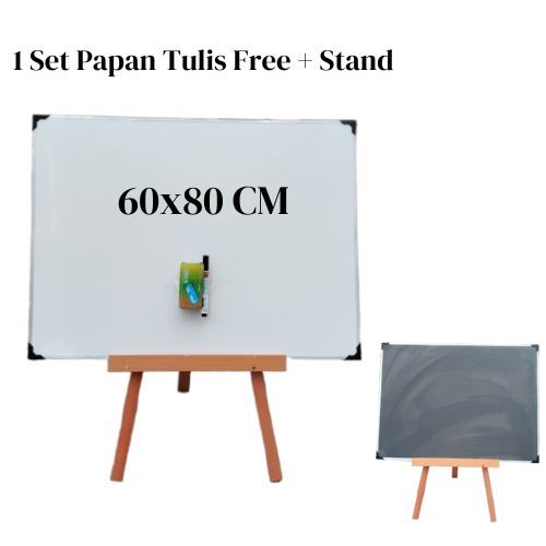 

Whiteboard 60x80 cm + Standing Kayu Kecil 90 cm - Penyangga Papan Tulis Gratis Spidol dan Penghapus