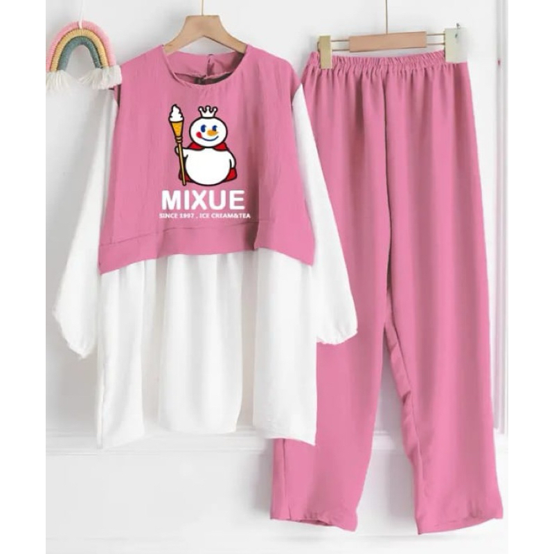 Setelan Baju Anak Mixue Usia 3-10 Tahun Bahan Crinkle Airflow -- Setelan Baju Anak Perempuan