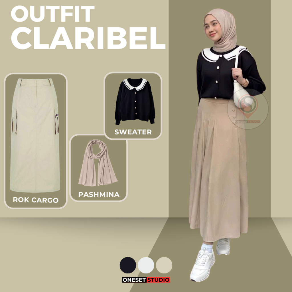 One Set Wanita Setelan Kampus (Sweater Rajut + Rok Cargo + Hijab) OOTD Korean Style CLARIBEL