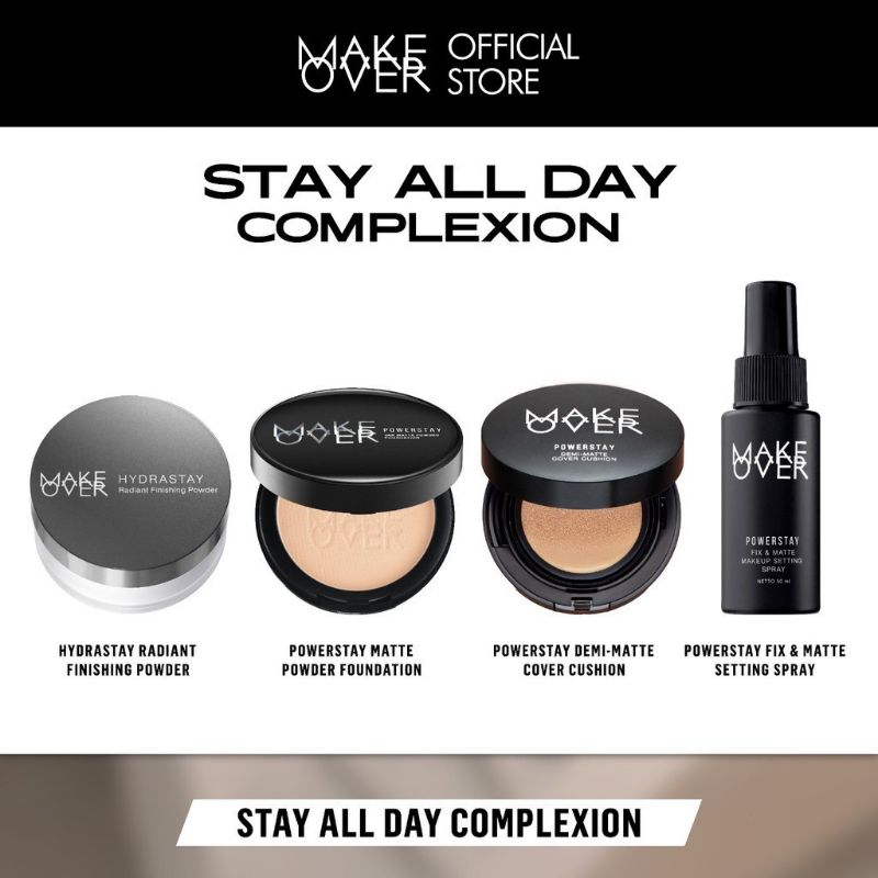 Makeover 4 produk. Bedak tabur makeover, bedak foundation makeover, cushion makeover, setting spray 