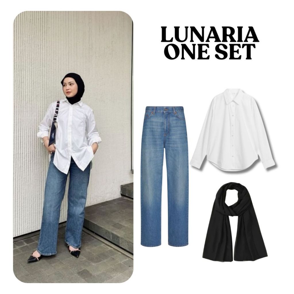 Oneset Wanita 3in1 | Kemeja Basic Katun, Celana Jeans Haighwaist, Pashmina Ceruty Baby Doll | WR05