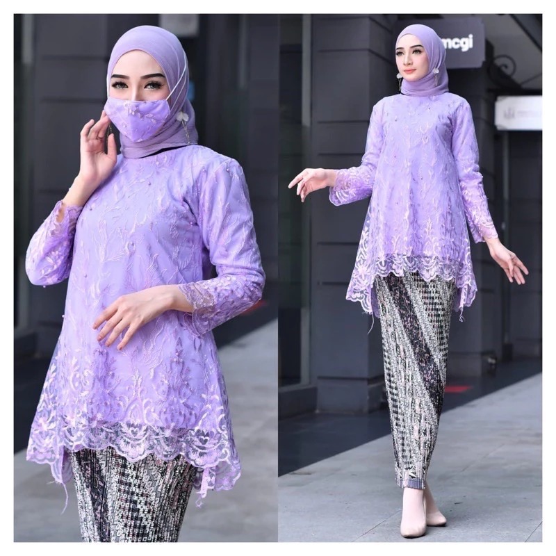 Setelan Kebaya Modern Rinjani Tulle Bordir Set Rok Plisket Batik Tille Azkia Lilac & Warna Lainnya