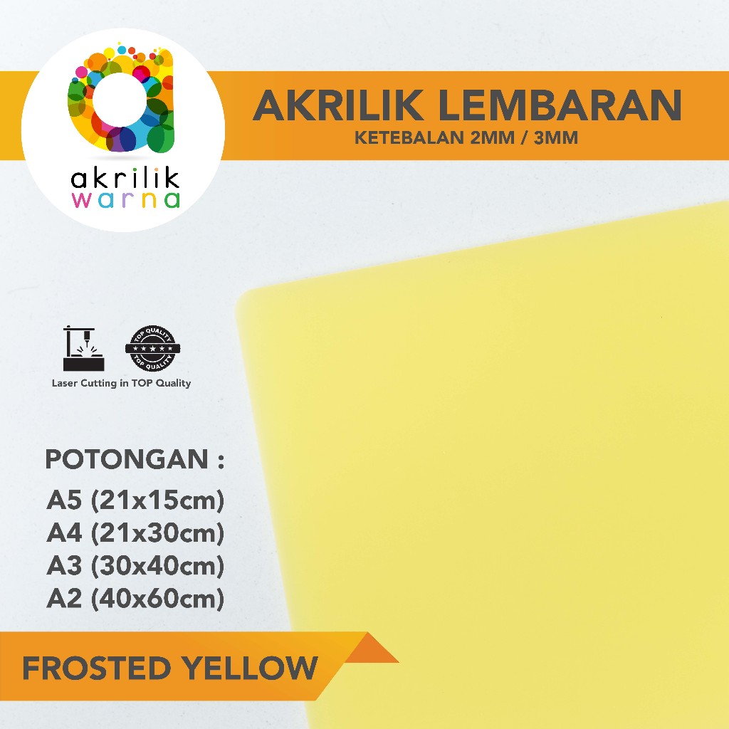 AKRILIK WARNA LEMBARAN POTONGAN - Frosted Yellow Kuning A5 A4 A3 A2 Buram