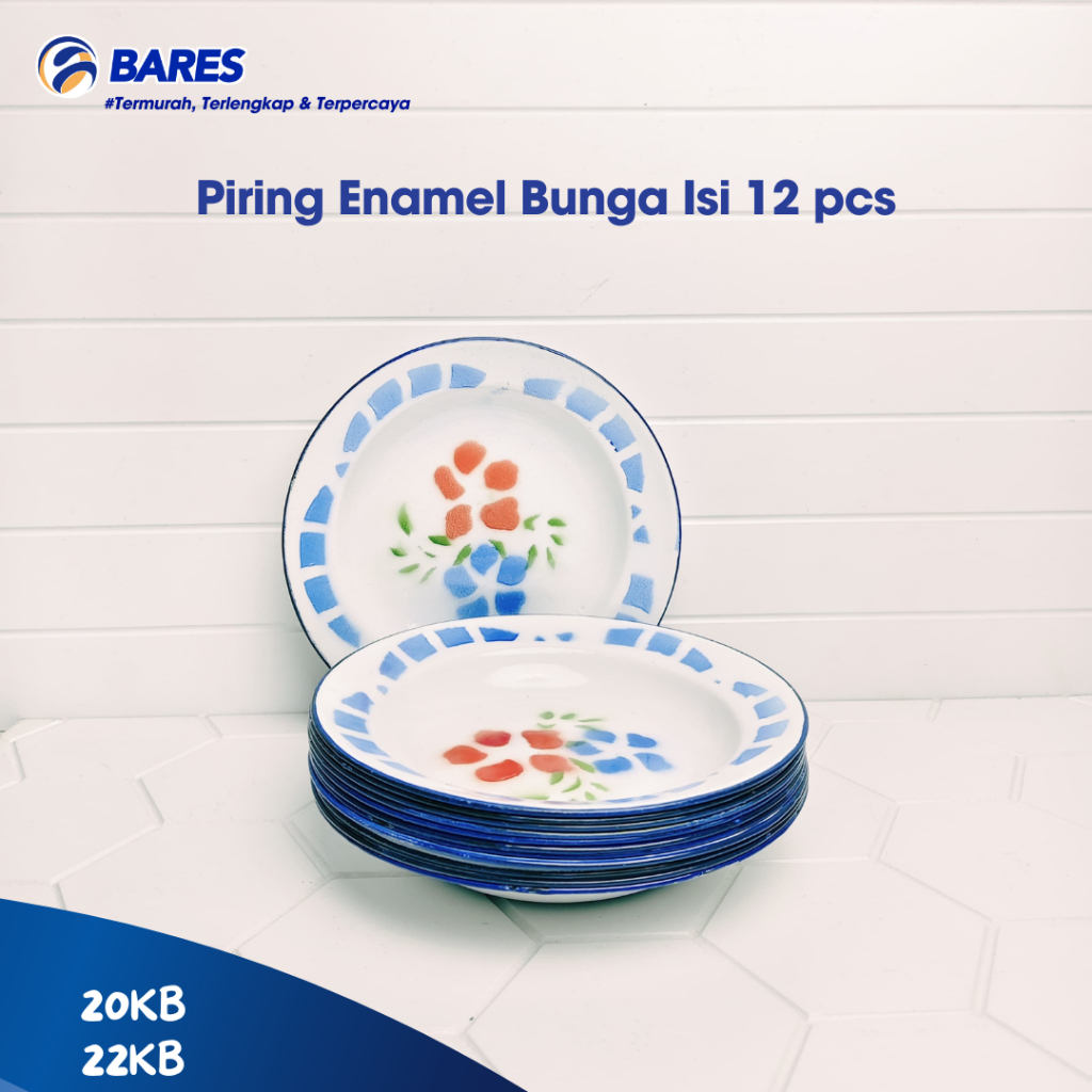 ( 1 Lusin ) Piring Enamel Jadul Motif Bunga / Piring Seng Enamel Ukuran 22 & 20 cm