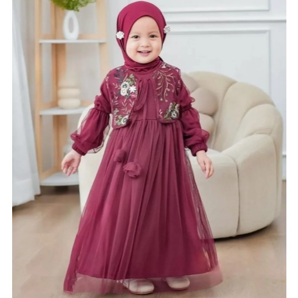 JELITA KIDS SET JILBAB Baju Gamis Anak Kecil Perempuan Usia 5 6 7 8 Tahun Bahan Satin Velvet Mix Til