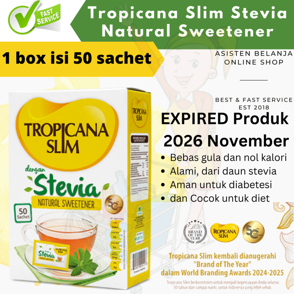 

Tropicana Slim Stevia Natural Sweetener Pemanis Alami bebas gula 50 sachet / box Diabetes Safe