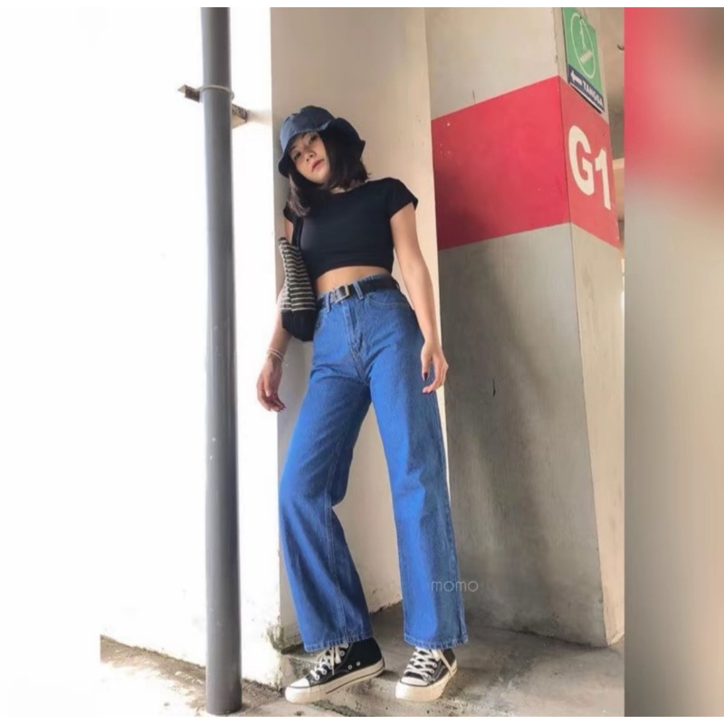 Kulot Jeans Dark Denim Pinggang Karet | Kulot Jeans Wanita Bahan Tebal