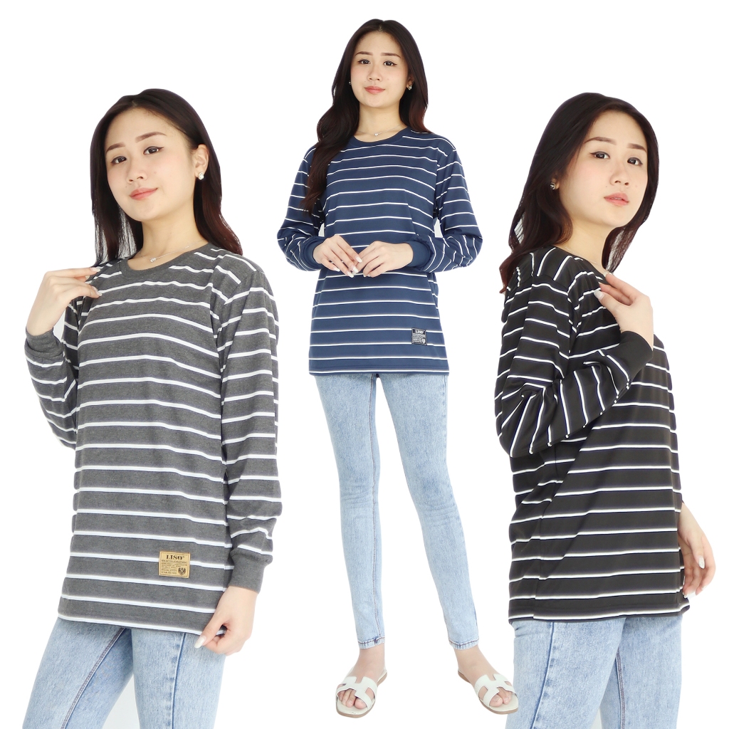 Dailystyle | Paket Hemat 3 pcs | Kaos Wanita Katun Stripe Garis Belang-belang Lengan Panjang