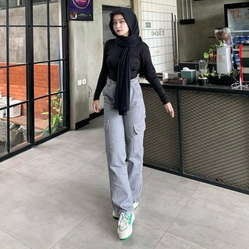 Celana Highwaist Loose Jeans Cargo Voll 2 || Cargo Jeans Wanita