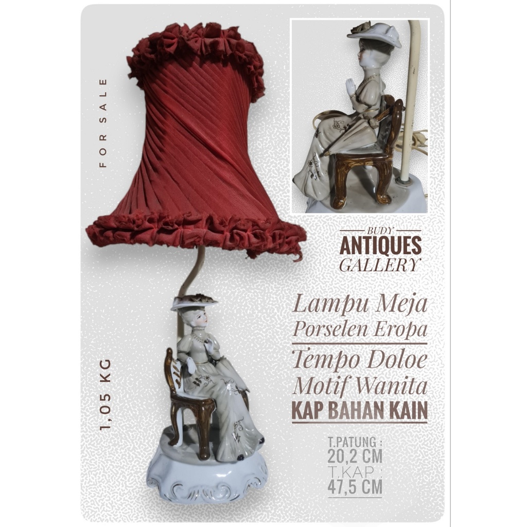Lampu Meja Eropa Tempo Dulu Bahan Porselen Motif Wanita Kap Kain