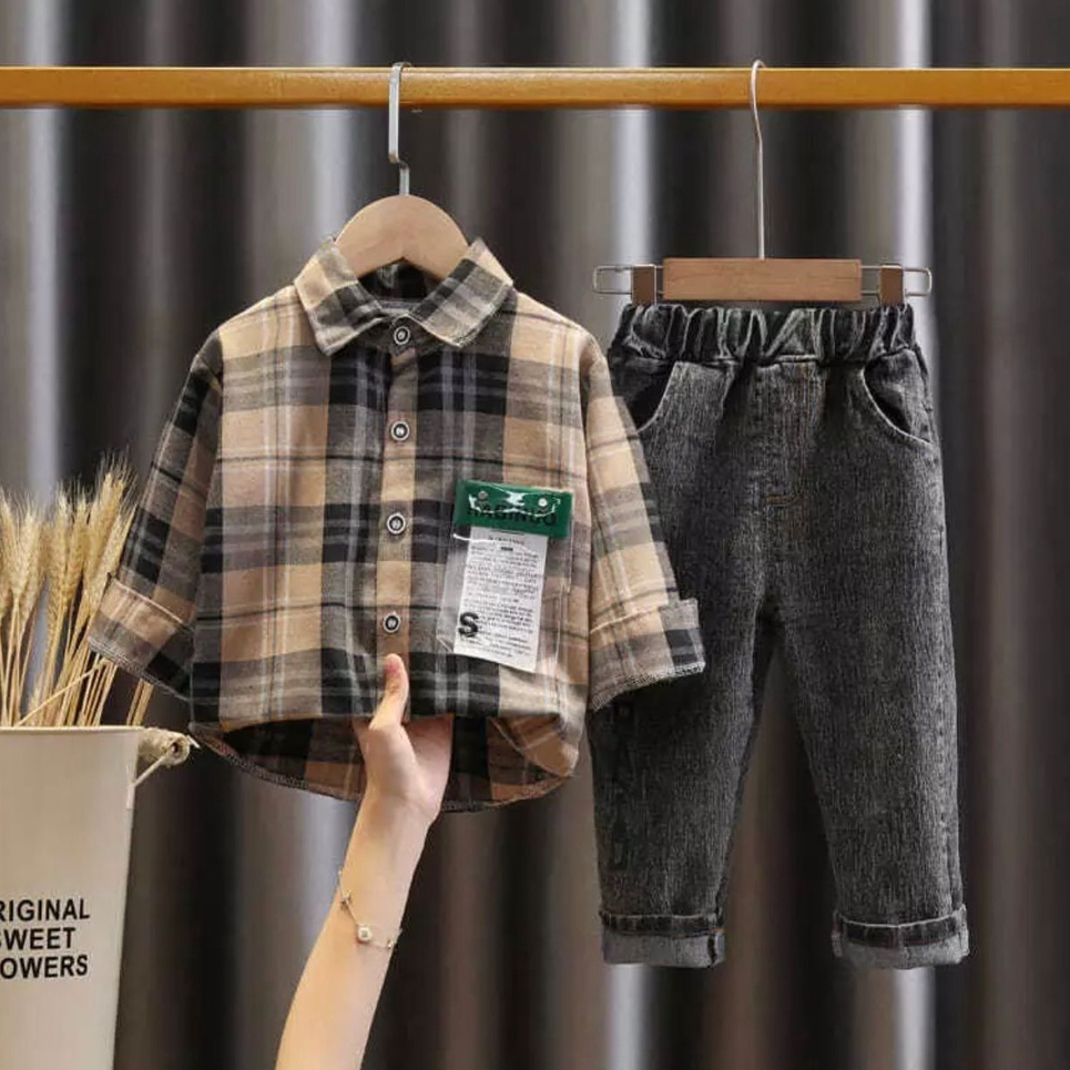 Setelan Anak Laki-laki atasan kemeja flanel lengan panjang & Celana panjang denim Bermotif kotak-kot