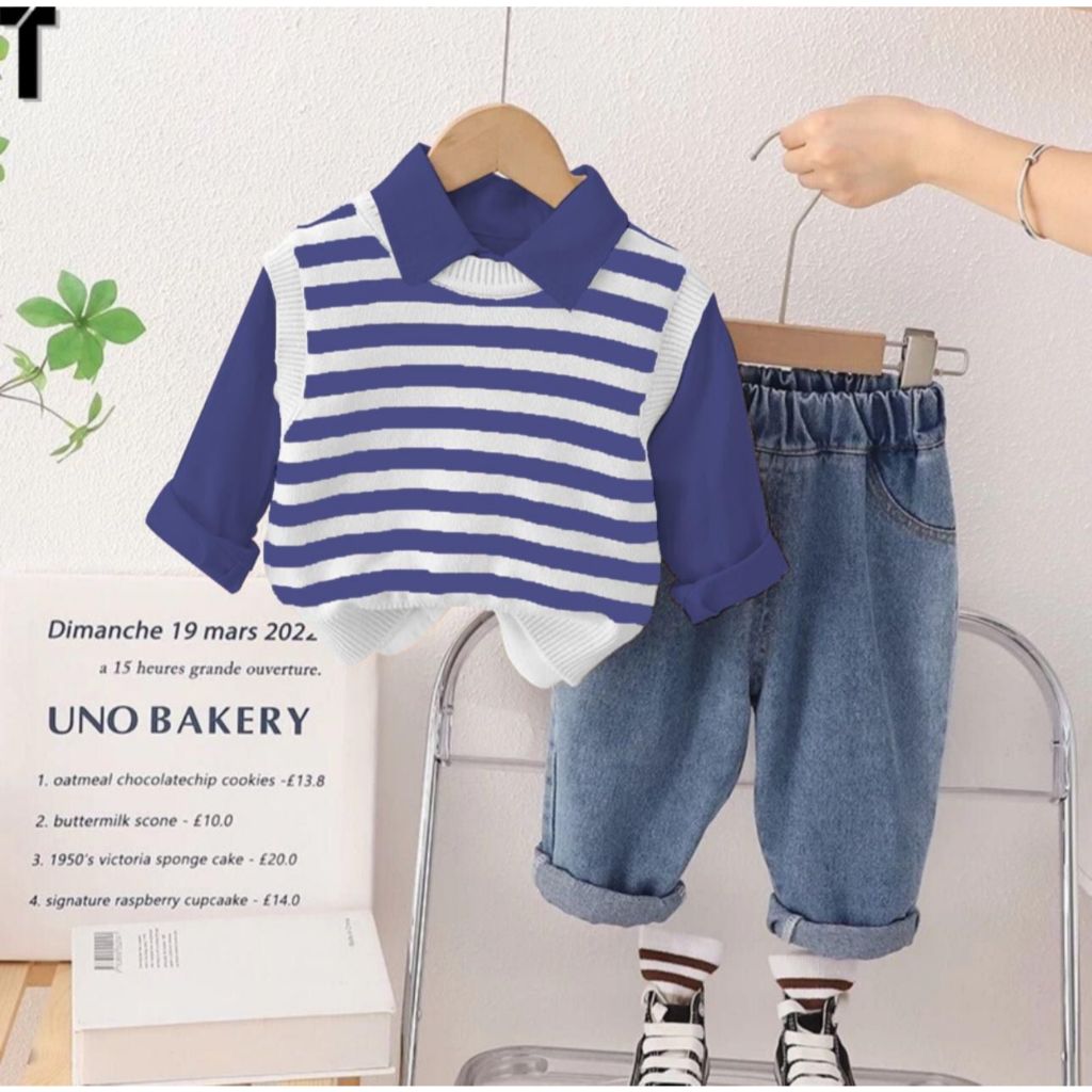 Setelan Anak Laki-laki & perempuan 3 in 1 rompi & Celana panjang denim Bermotif salur Lucu Usia 1-5 