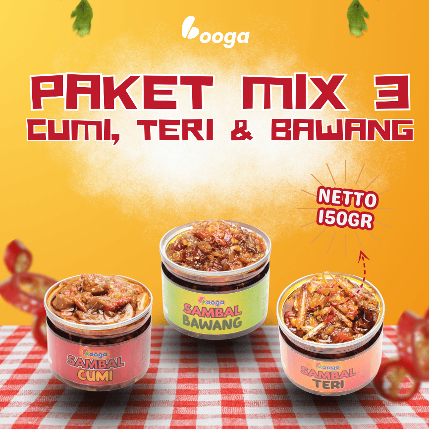 

Booga Food - 3 Pack Paket Hemat Sambel Pedas komplit (Cumi,Teri medan,Bawang)