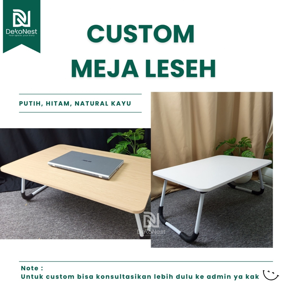 Dekonest Custom Meja Lesehan Kaki Besi Putih Hitam Natural Kayu Kerja Konten Belajar Leseh