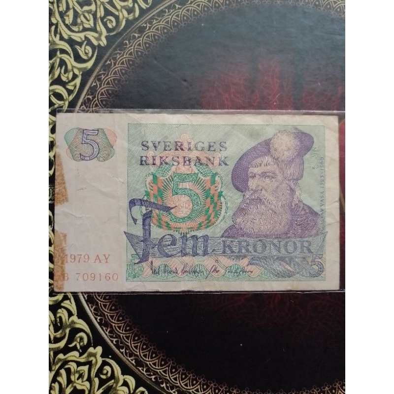 Uang Swedia 5 kronor 1979 vf noda