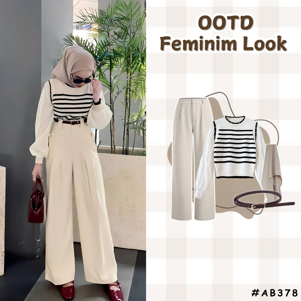Godiva Outfit 4 In 1 Set AB378 - Outfit One Set Cewek Korean Style (Hijab+Belt+Sweater+Celana) Setel