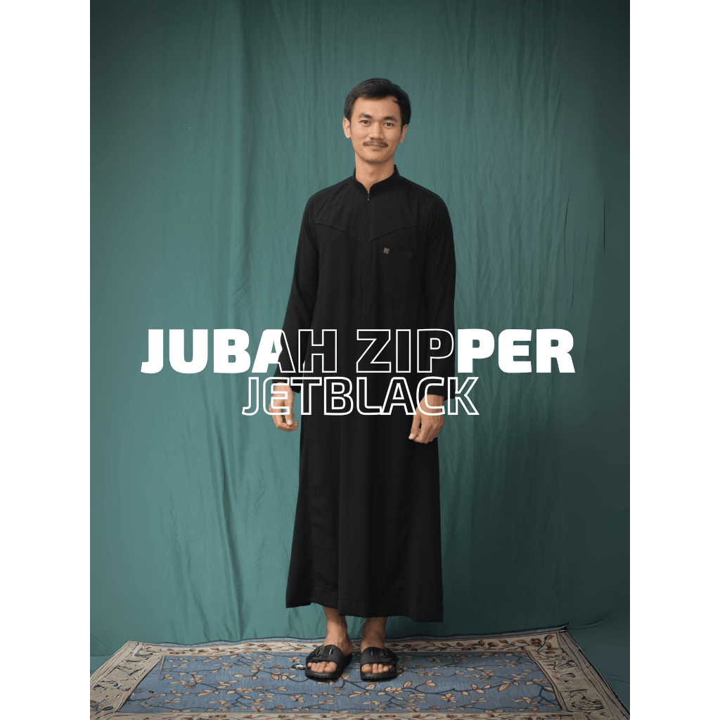 MUSAFIR - Jubah Thobe Zipper Lengan Panjang Gamis Pria Baju Muslim Jetblack