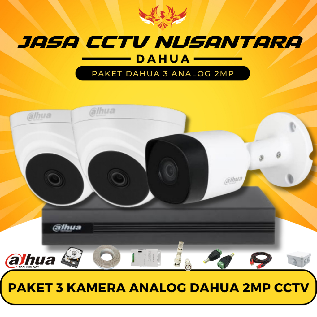 PAKET 3 KAMERA DAHUA ANALOG 2MP CCTV + JASA INSTALLASI