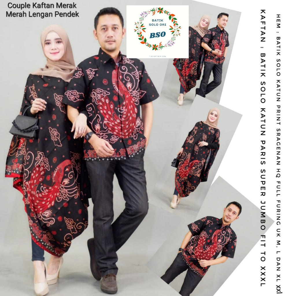 Couple Kaftan Asimetris Merak Merah Lengan Pendek. Couple Batik Cewek Cowok. Sarimbit batik cewek ka