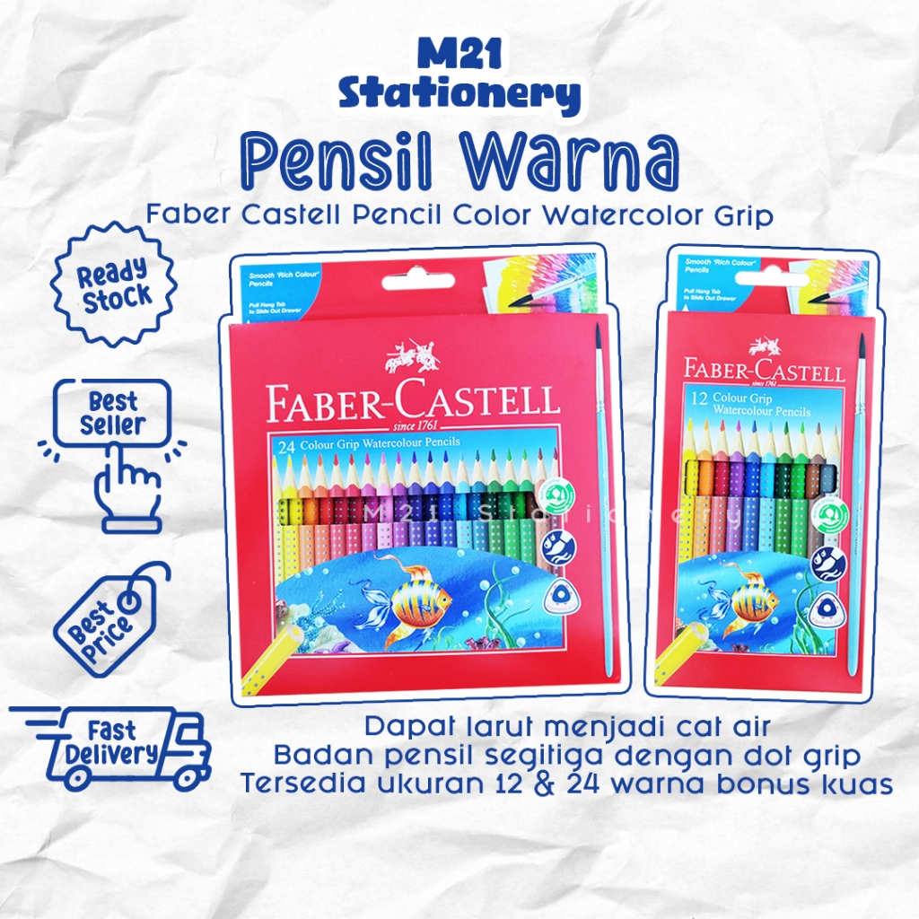 

PENSIL WARNA FABER CASTELL WATERCOLOR GRIP / DRAWING PENCIL FABER CASTELL/faber castel watercolor larut air pencil warna kayu 12 24 36 48 warna color colour untuk anak pewarna kelir set alat tulis lomba mewarnai menggambar atk murah / m21 stationery jogja