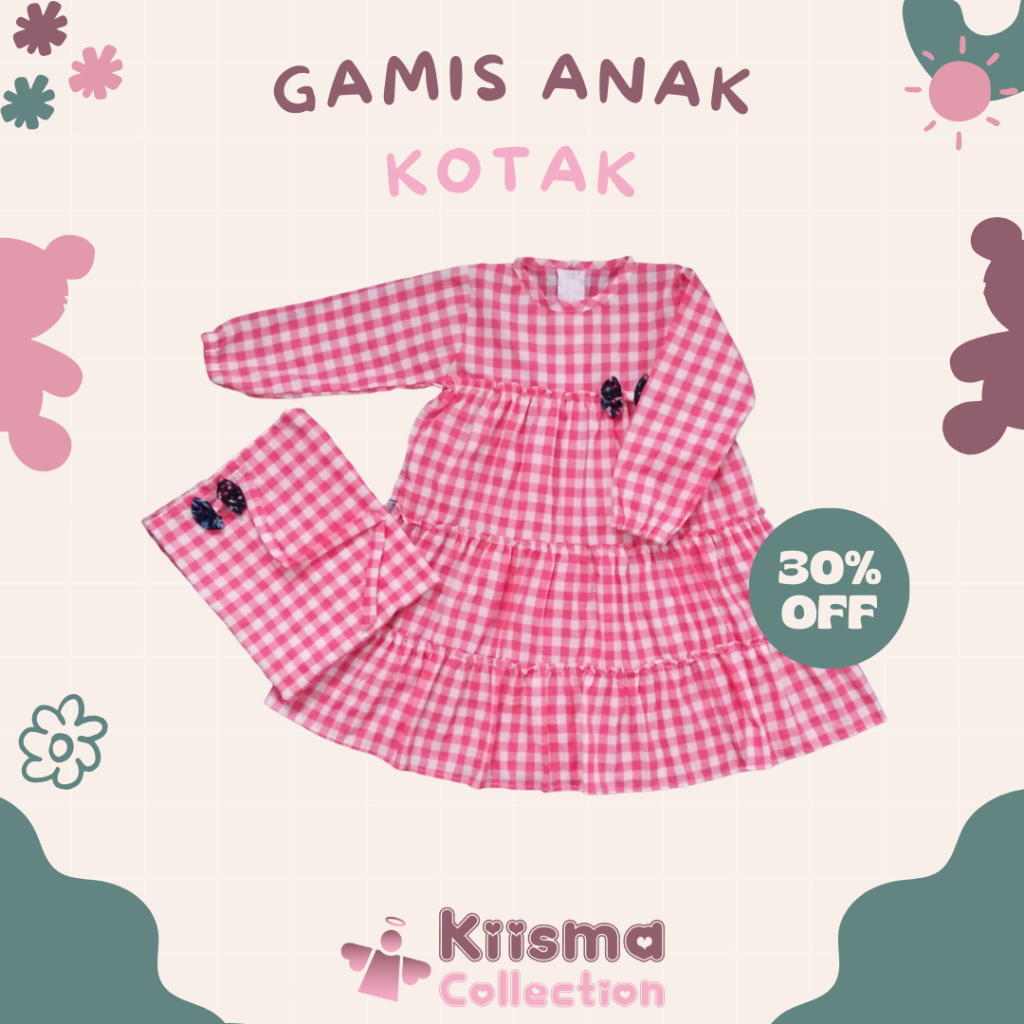 Baju Anak Perempuan Setelan Gamis Motif Kotak Warna Pink Kiisma Collection
