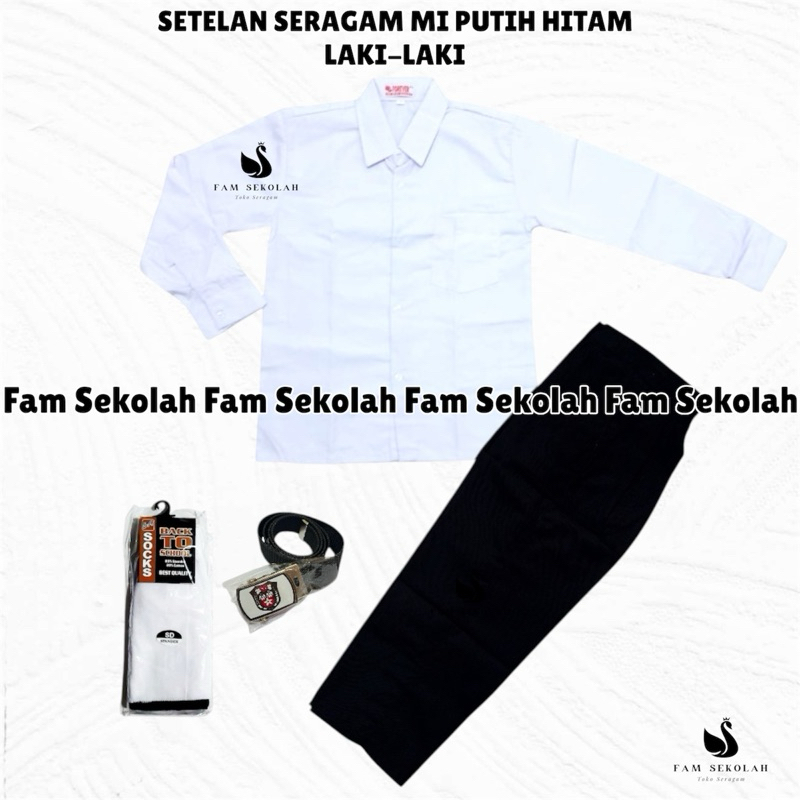 Setelan Seragam Baju Sekolah MI BAJU PUTIH POLOS PANJANG CELANA HITAM LAKI-LAKI