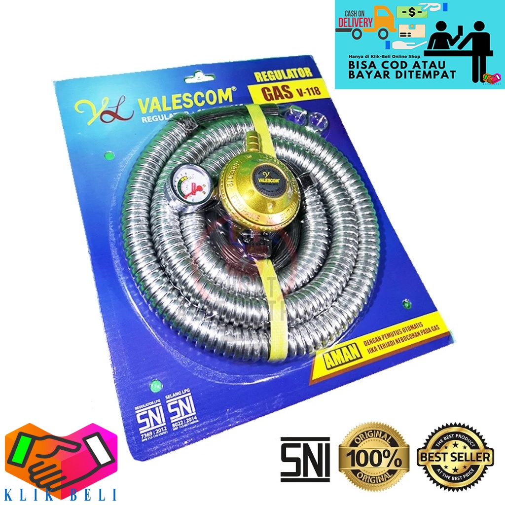 Paket Selang Gas Dan Regulator Valescom SNI V-118 Selang Gas Regulator Meter Tekanan Panjang 1,8 Met