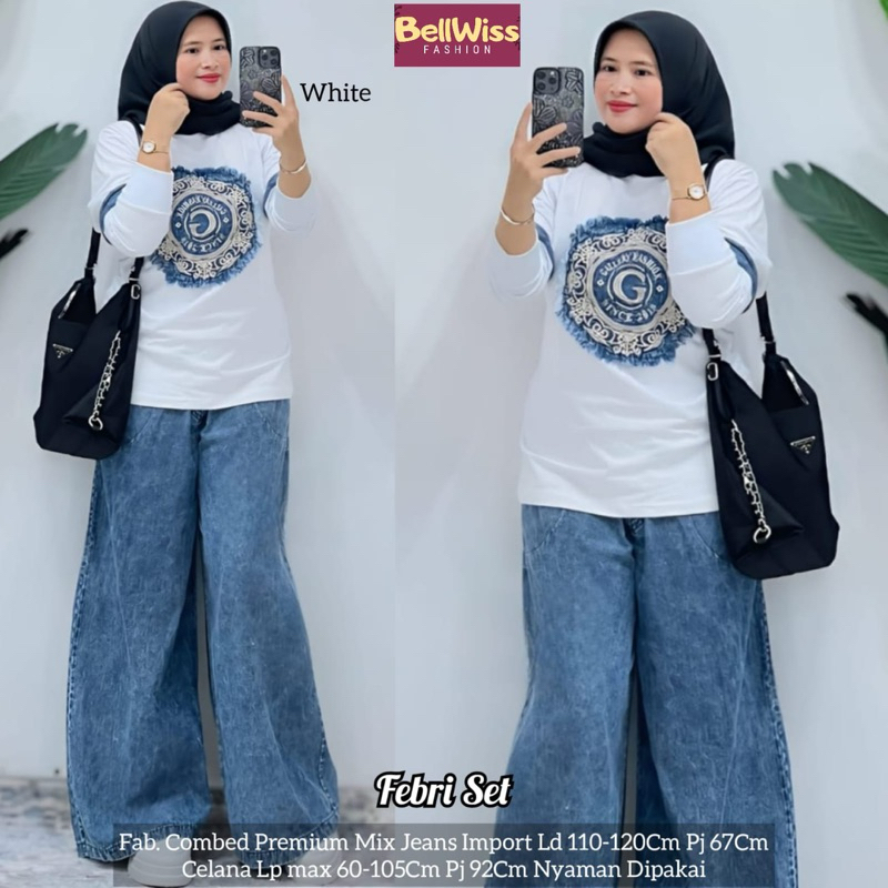 Febri one set wanita kekinian one set jumbo ld 120 kaos oversize bigsize kaos jeans by belwis tunik 