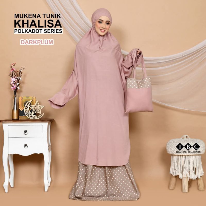 MUKENA TUNIK KHALISA POLOS DAN MOTIF POLKADOT BAHAN RAYON JANGER FAN RAYON PRINT UKURAN SUPER JUMBO 