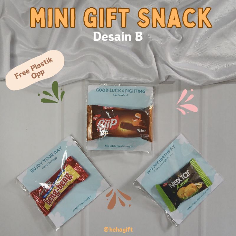 

Mini Gift Snack | Desain B | Mini Gift Snack Beng-Beng | Mini Gift Snack Nextar | Mini Gift Siip | Gift Snack