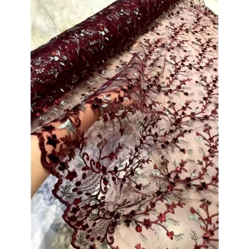 bahan kain tile Jasmine two tone sequin bordir premium/kain tile sepenggal bordir mewah