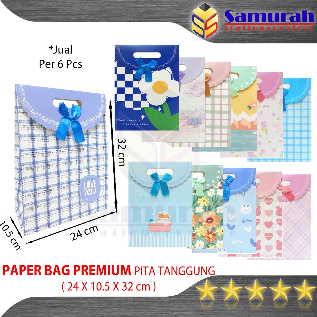 

Paper Bag Premium Tanggung Pita 1 pak isi 6 pcs / Goodie Bag Sedang Karton Tebal Fancy Potrait / Tas Belanja Tenteng Gift Kado Lucu