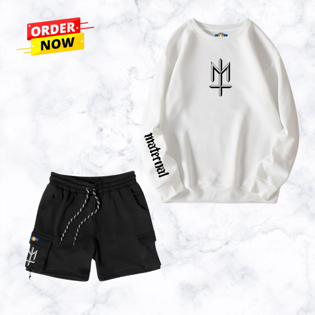 One Set Crewneck Celana Pria Distro Original CN Cargo Pendek Oversize Unisex Style Korean Authentic 