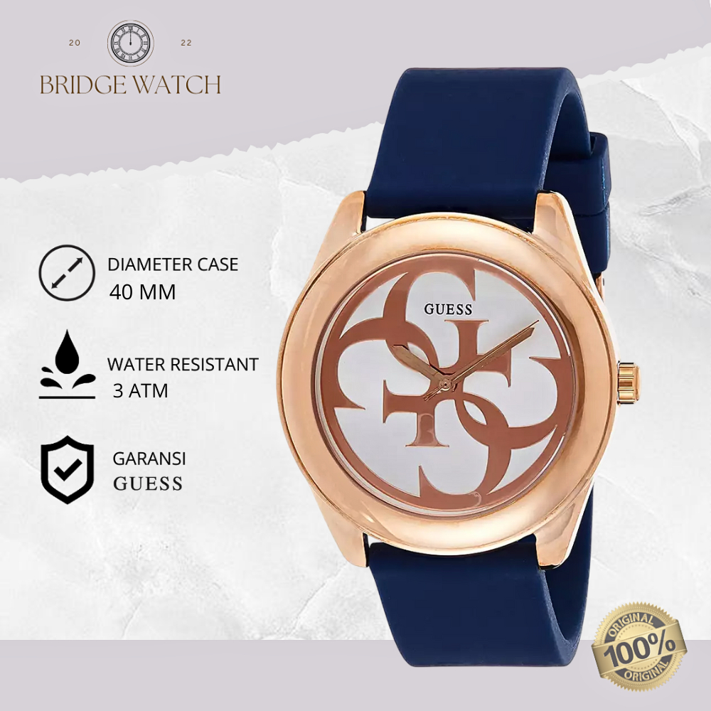 Jam Tangan Wanita Guess G Twist W0911L6 Original Blue Rubber Strap Biru Rose Gold Dial Casual Cewek 
