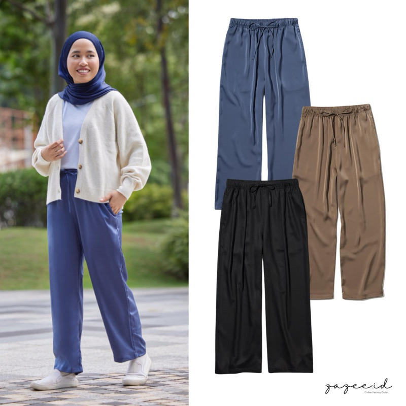 Uniqlo Satin Drape Straight Pants Celana Panjang Satin Celana Panjang Serut Celana Wanita Celana Kul