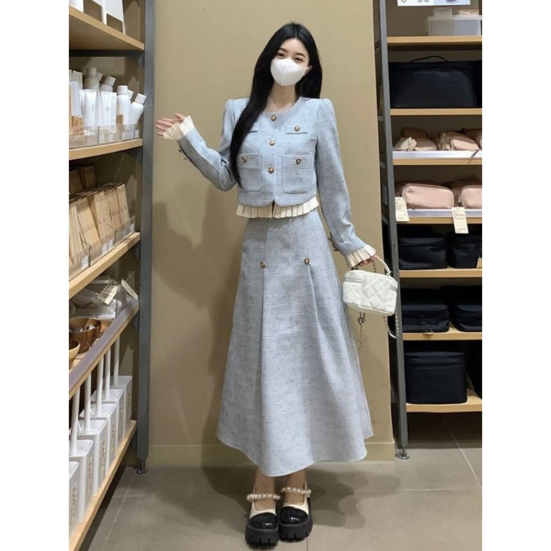 Ready Langsung Kirim (BLUE/BLACK) Lyla Tweed Long Dress Set - SEOULCHIC.id