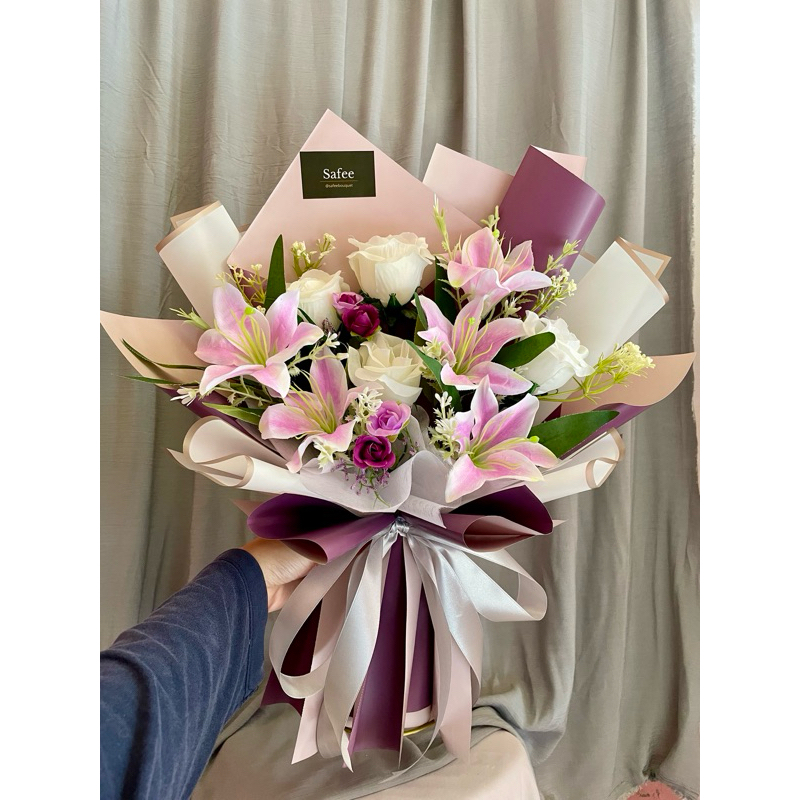 Lilians | Buket valentine bunga lili artificial | Lily Rose Bouquet | Buket ungu purple pink
