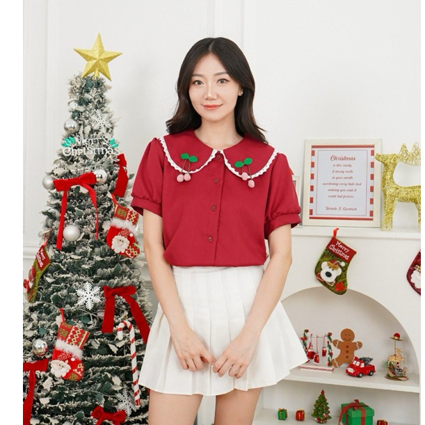 [COTTONBELLS] BAJU PREMIUM DESCLIVIA CHERRY COLLAR BUTTON PLAID TOP (MB - B 13564)