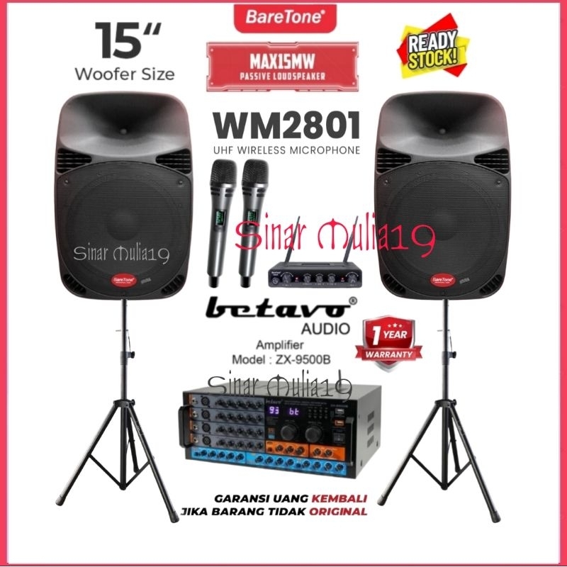 Paket Karaoke Speaker 15 Inch BareTone Amplifier Betavo ZX-9500B [ Support Effect Reverb ] Mic