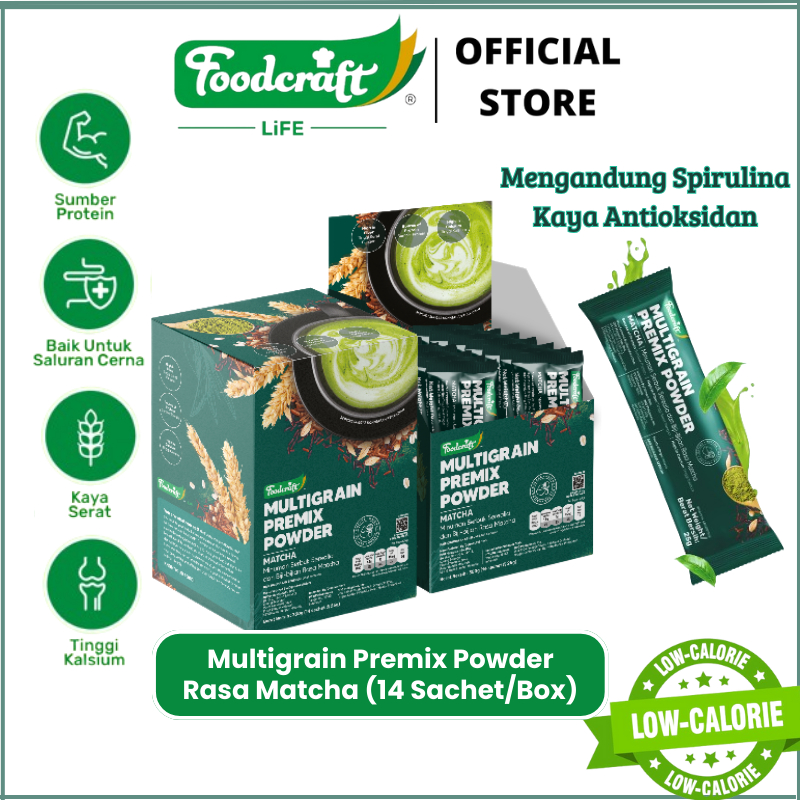 

【BUY 1 FREE 1】 Foodcraft Multigrain Green Matcha Premix Powder Minuman Serbuk Sereal dan Biji-Bijian Suplemen Pengganti Sarapan Diet Rasa Matcha Sumber Protein Rendah Kalori Bebas Kolestrol Tinggi Kalsium dan Serat Fiber