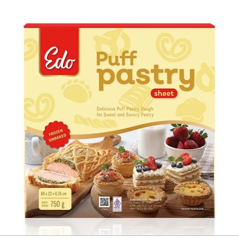 

EDO Puff Pastry Sheet 750gr Beku Frozen Halal Premium Berkualitas 22cm x 87cm