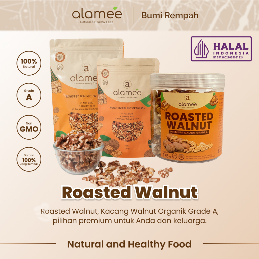 

ALAMEE Roasted Kacang Walnut Kenari Otak Panggang Oven Premium Organik Siap Makan Utuh Cemilan