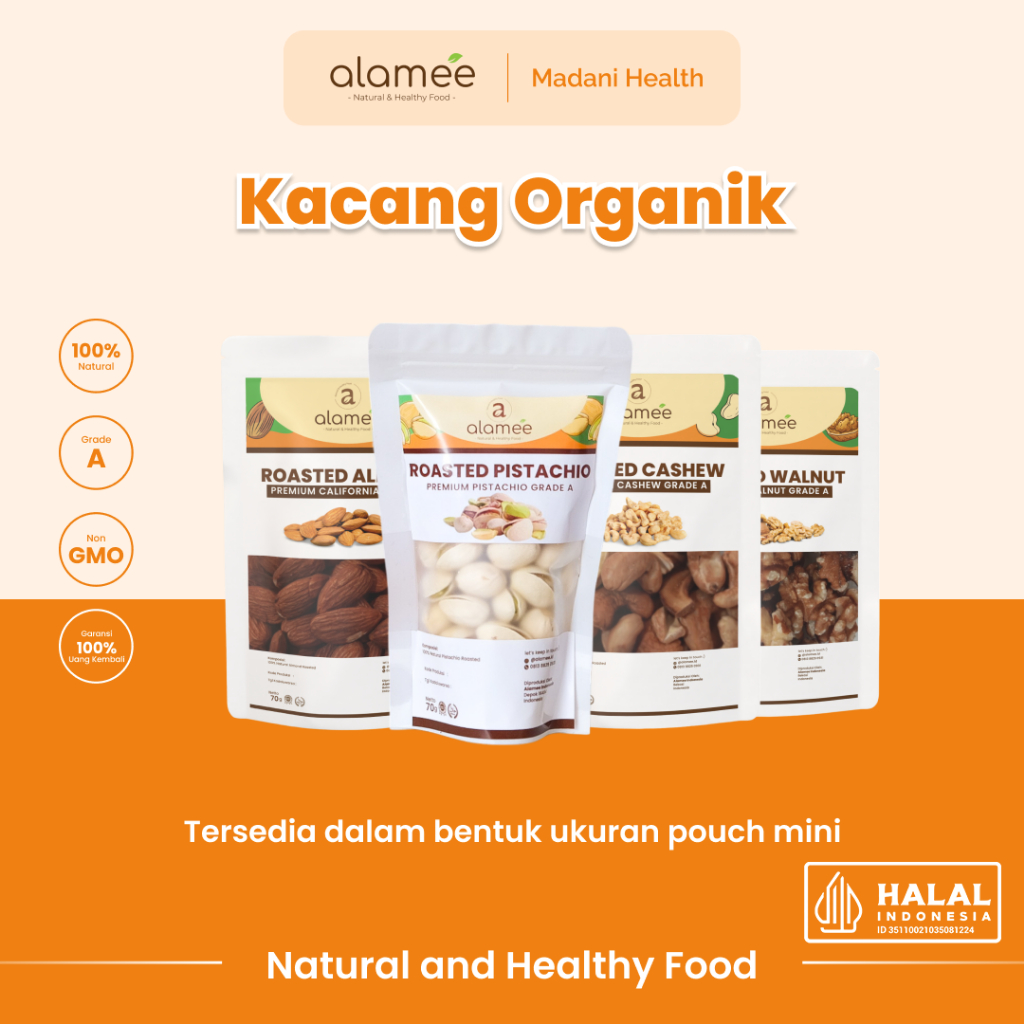 

ALAMEE Kacang Almond Almon Mede Walnut Pistachio Kupas Panggang Premium Roast Roasted Oven Siap Makan